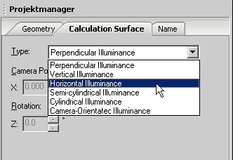 Property Page of calculation surface – Selection of the types of illuminance