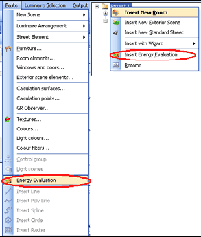 Insertion of an energy evaluation project into a DIALux project via menu Paste and via the context menu of the DIALux project