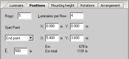 Property Page “Position” of the selected luminaire arrangement
