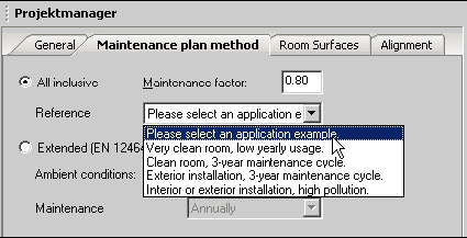 Edit room data – Selection of a reference value for the maintenance factor